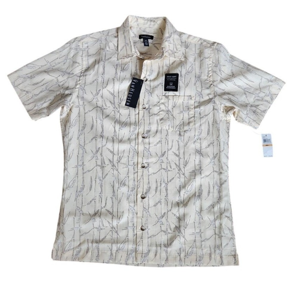 Van Heusen Men Oasis Prints Short Sleeve Button Down Shirt Vanilla Small NEW 105